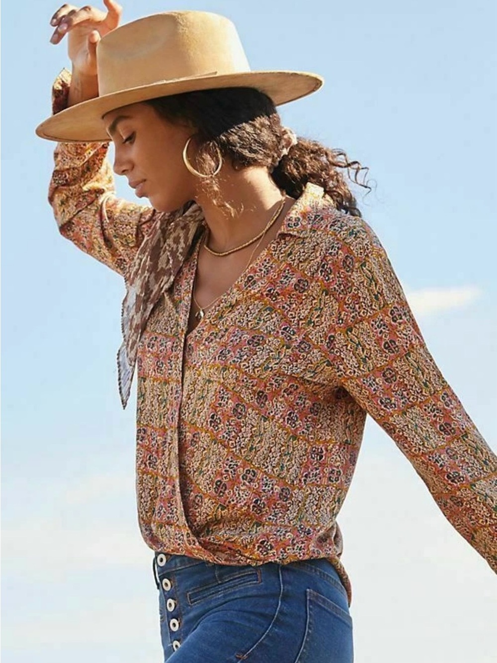 Pilcro Anthropology Rust Multi Printed Long-Sleeve V-Neck Blouse - small
